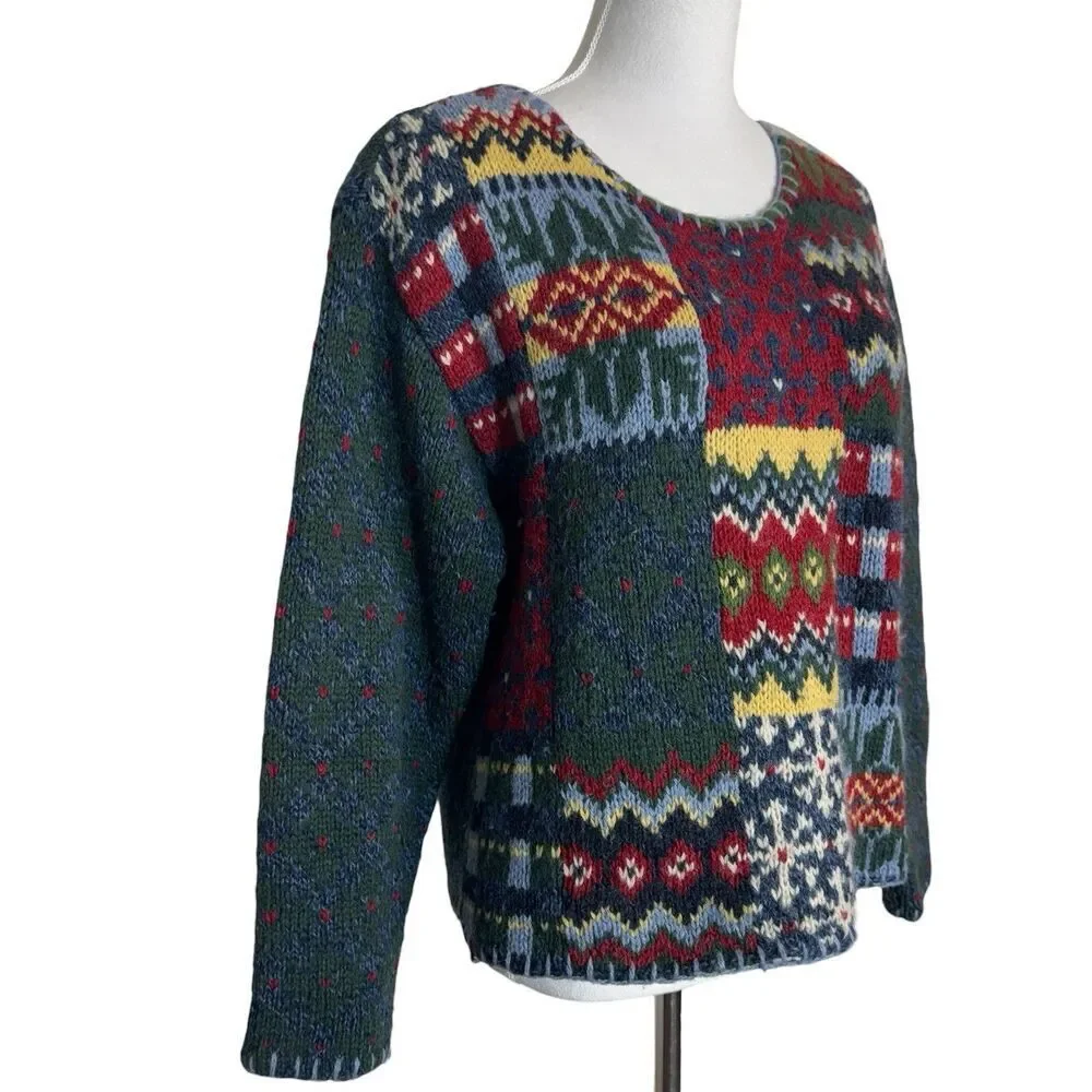 Vtg Liz Claiborne 100% Wool Granny Sweater MP Patchwork Hearts Winter Hand Knit - Picture 2 of 6